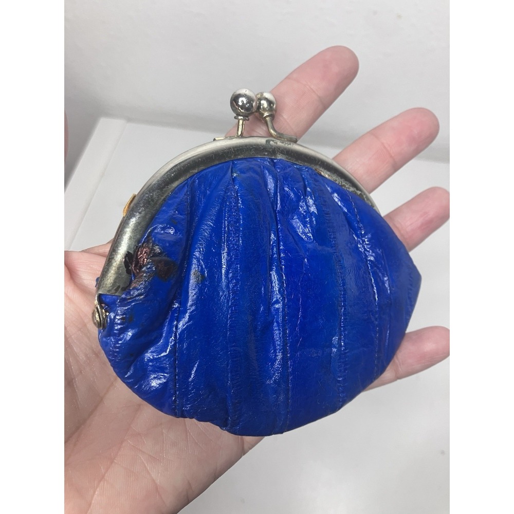VTG Rare Blue Eel Skin Keychain + Double Kiss Lock Coin Purses Korea Gold Frame - Picture 6 of 12
